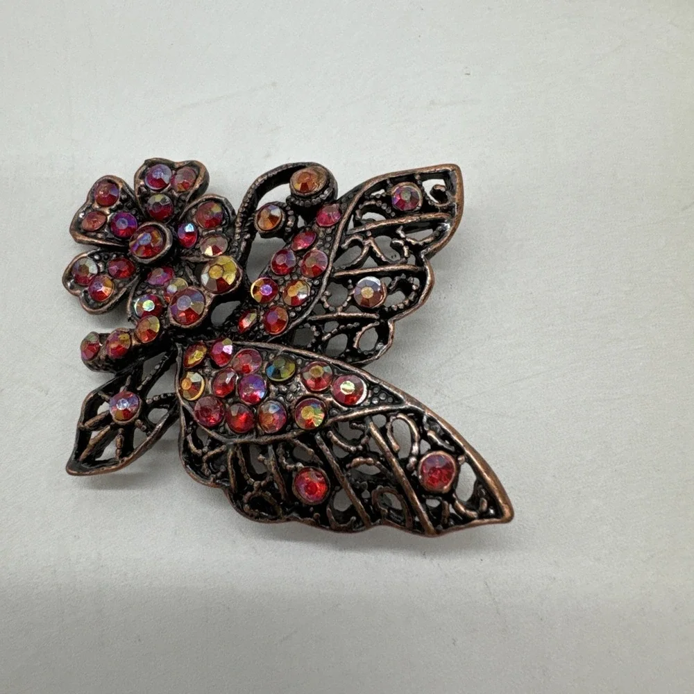 Vintage Pink Rhinestone Butterfly Flower Brooch/Pin 2